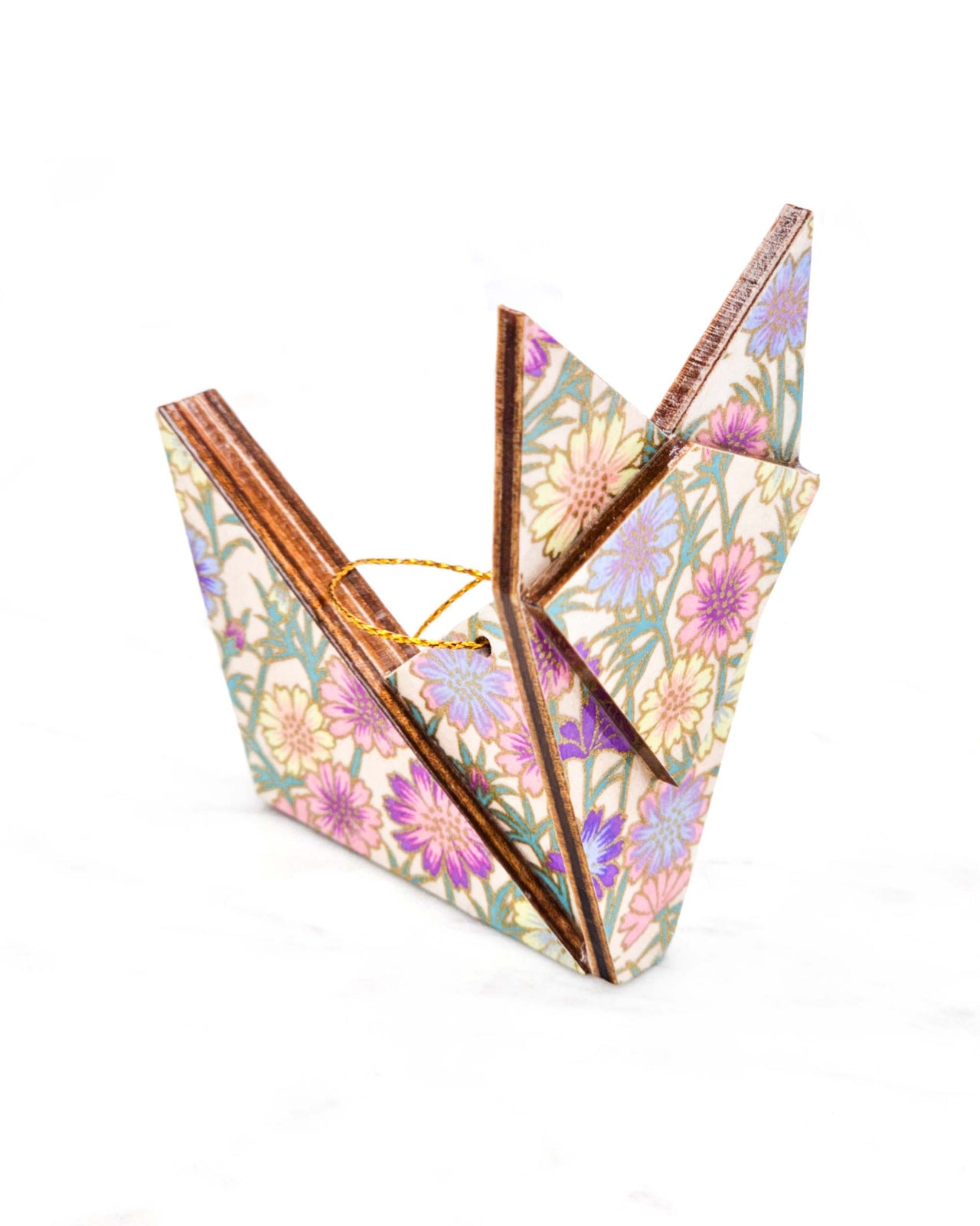 Large wooden origami fox ornament featuring purple and yellow flowers with green stems on a light pink background with metallic gold details.