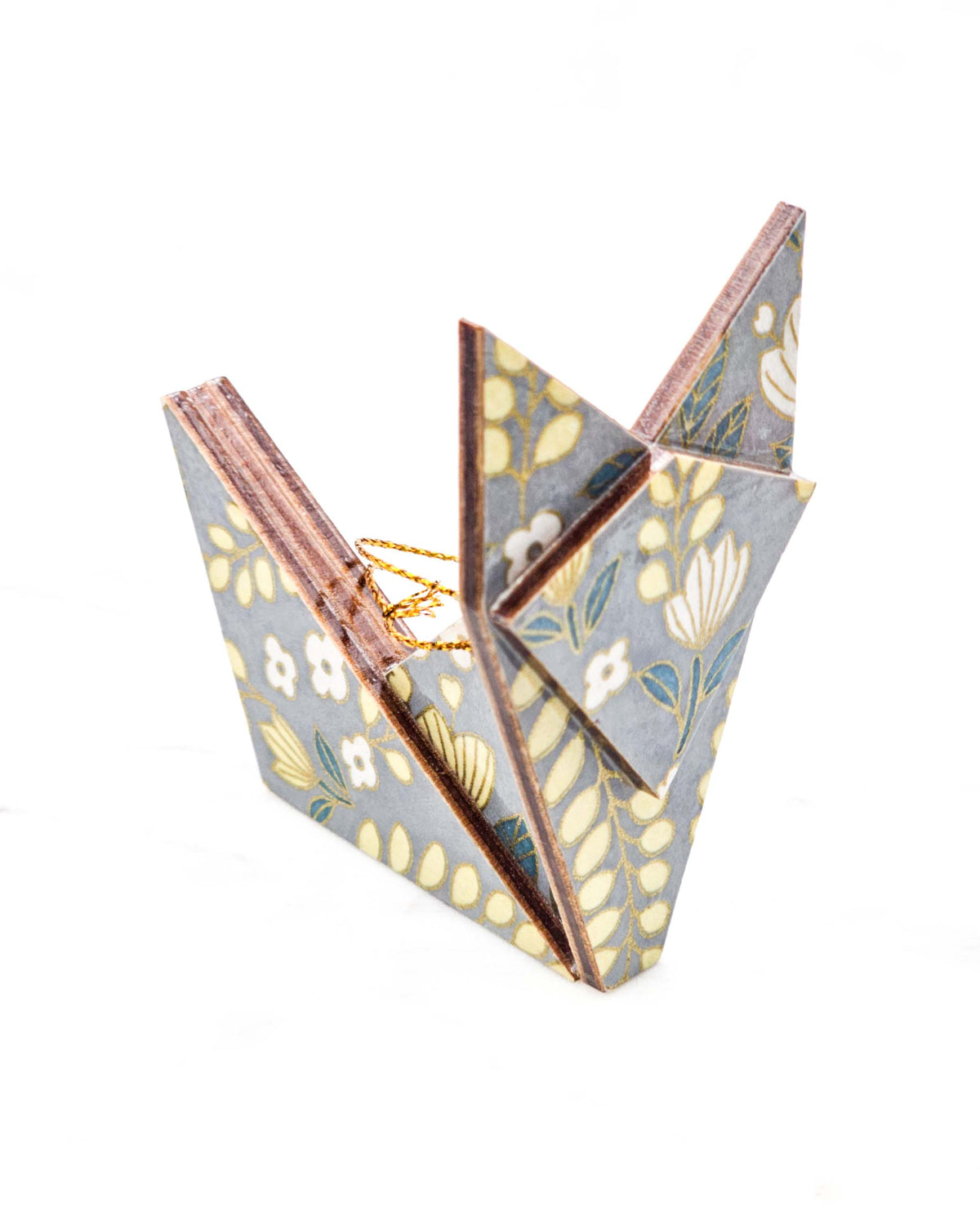 Large wooden origami fox ornament featuring yellow and white flowers with green leaves and yellow wisteria on a gray background with metallic gold details.