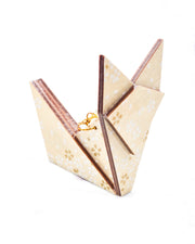 Large wooden origami fox ornament featuring metallic small white and gold cherry blossoms on a pearlescent cream background with metallic silver details.