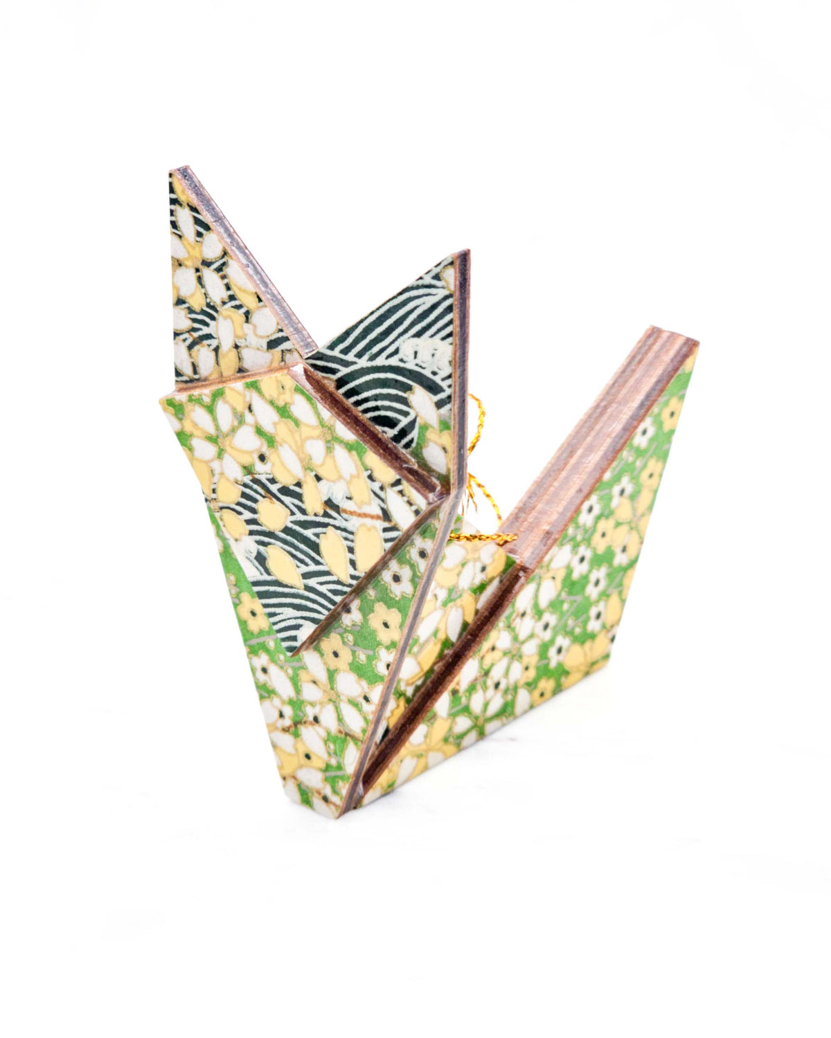 Large wooden origami fox ornament featuring white and yellow cherry blossoms on a light green background and a dark green and white wave (aranami) pattern with metallic gold details.