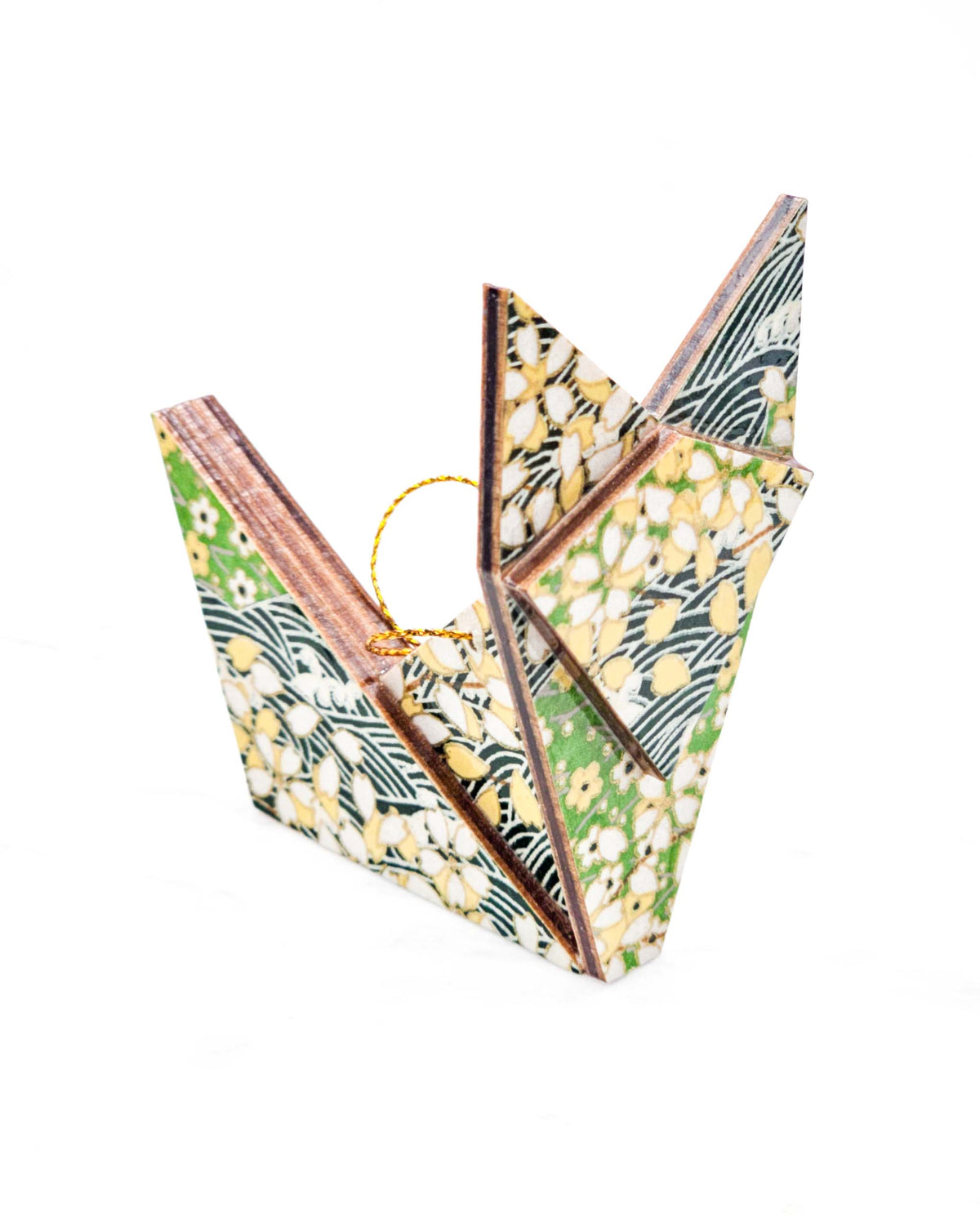 Large wooden origami fox ornament featuring white and yellow cherry blossoms on a light green background and a dark green and white wave (aranami) pattern with metallic gold details.