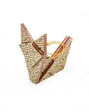 Small wooden origami fox ornament featuring a black traditional Japanese sayagata pattern on a metallic gold background.