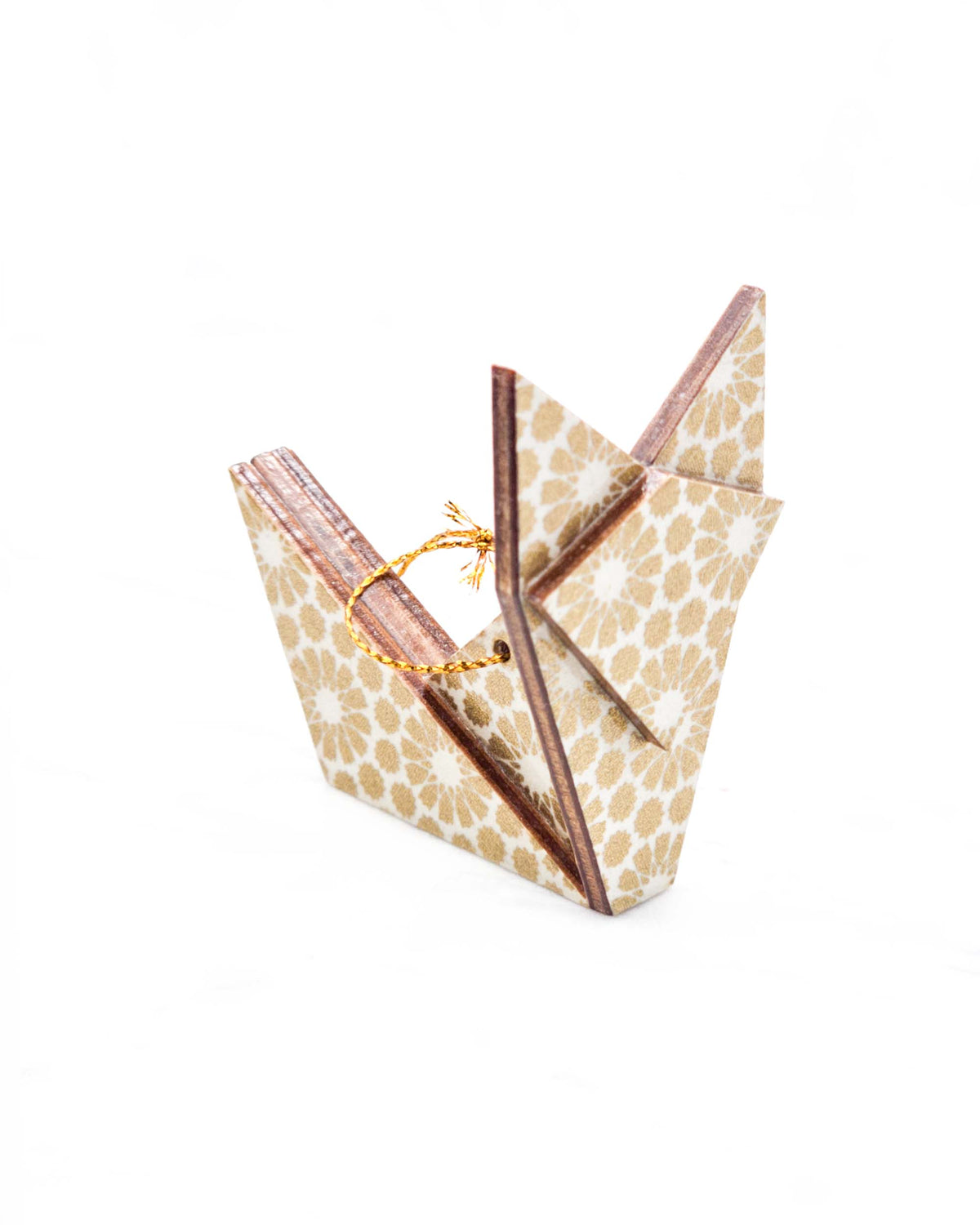 Small wooden origami fox ornament featuring metallic gold circles on a white background.