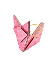 Small wooden origami fox ornament featuring white pointillistic cherry blossoms on a pink background.