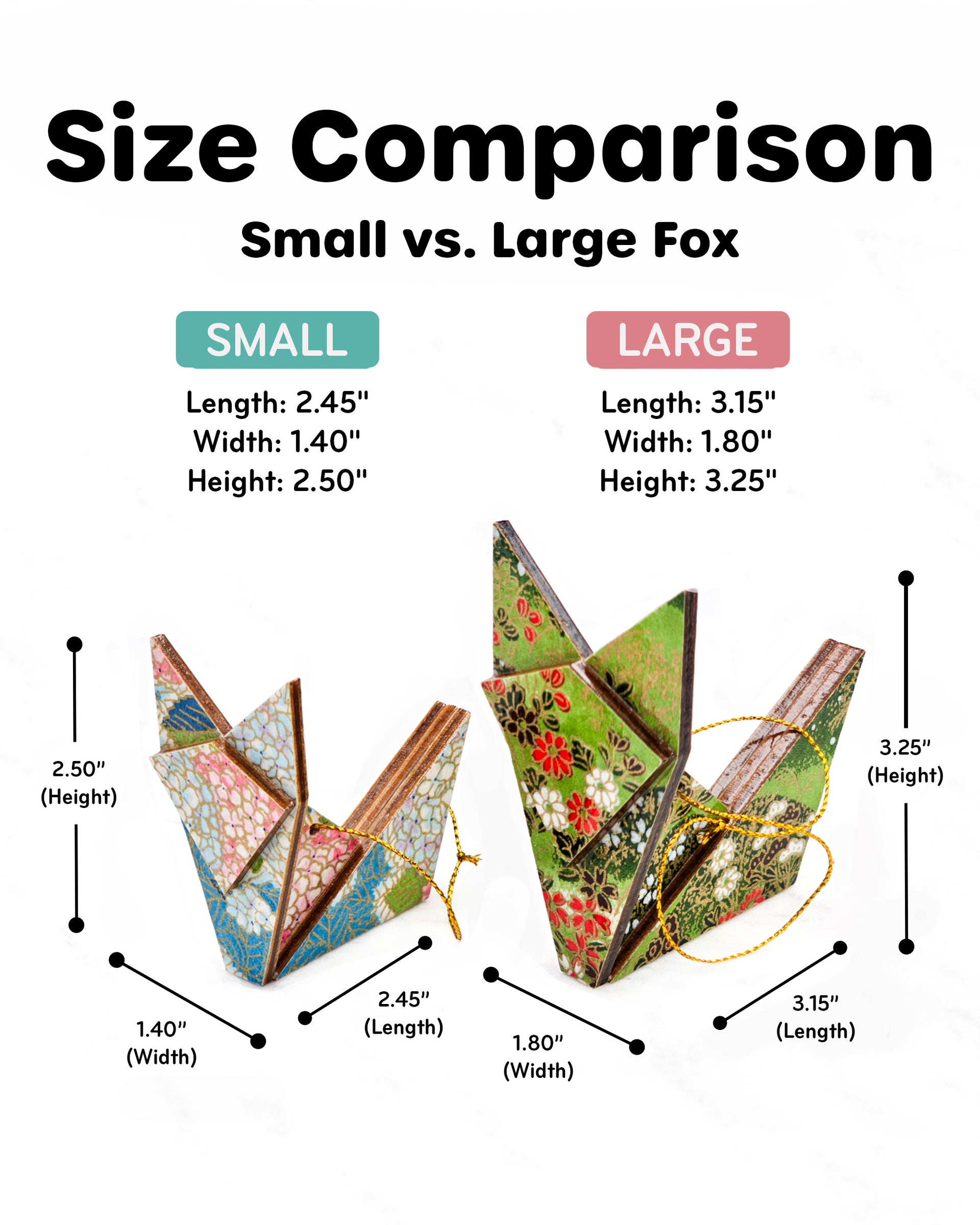 A size comparison display of the small and large wooden origami fox ornaments.