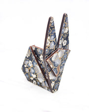 Large wooden origami rabbit ornament featuring blue and gray plum blossoms with brown branches on a dark blue background with metallic gold details