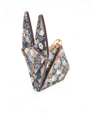 Large wooden origami rabbit ornament featuring blue and gray plum blossoms with brown branches on a dark blue background with metallic gold details