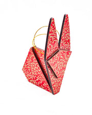 Large wooden origami rabbit ornament featuring a metallic gold floral motif on a bright red background.