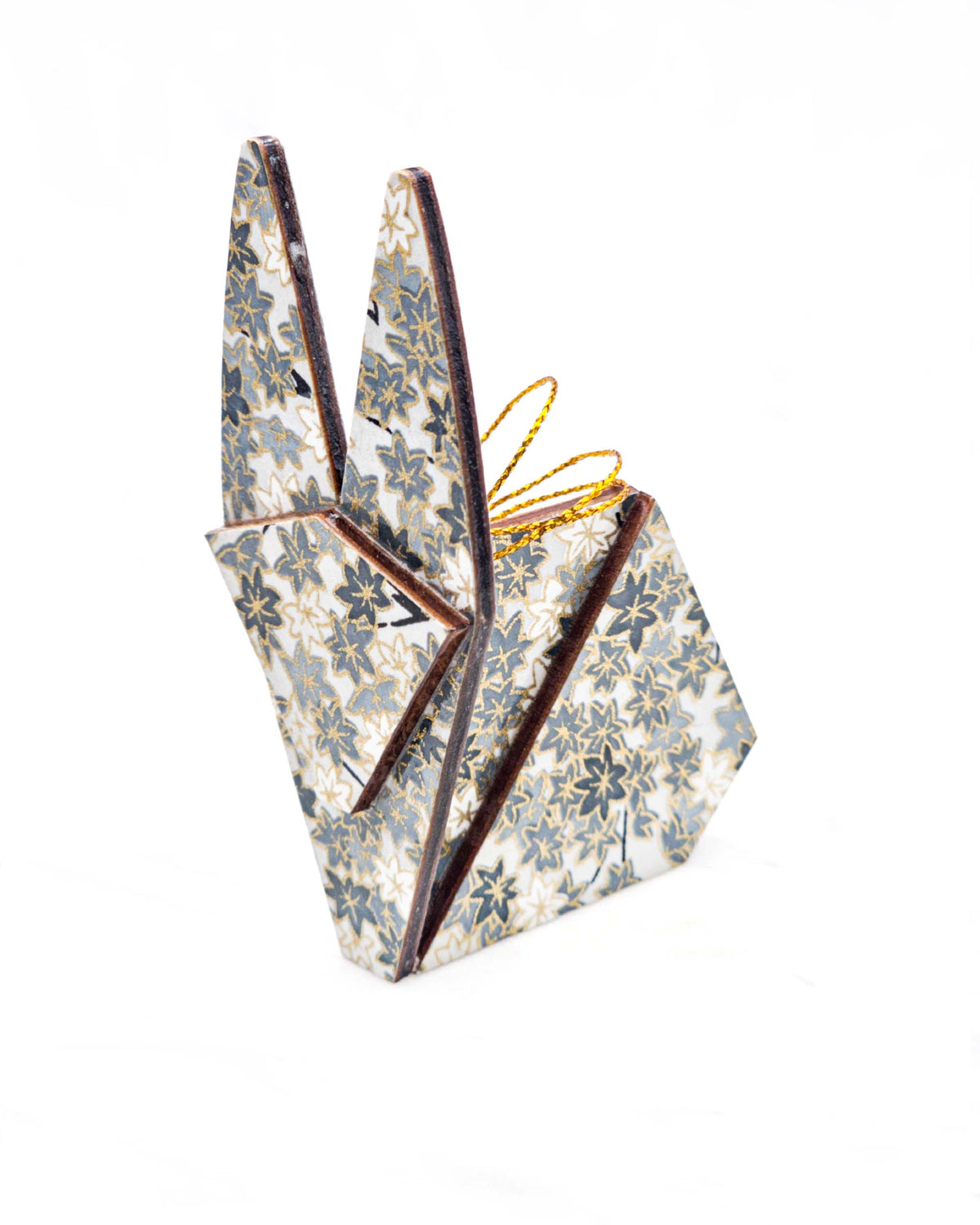 Large wooden origami rabbit ornament featuring small gray and white momiji (maple leaves) on a light gray background with metallic gold details.