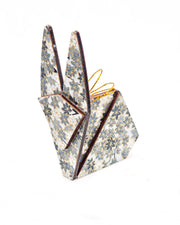 Large wooden origami rabbit ornament featuring small gray and white momiji (maple leaves) on a light gray background with metallic gold details.