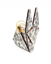 Large wooden origami rabbit ornament featuring small gray and white momiji (maple leaves) on a light gray background with metallic gold details.