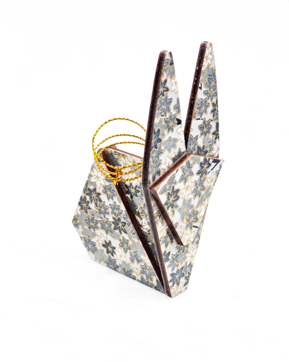 Large wooden origami rabbit ornament featuring small gray and white momiji (maple leaves) on a light gray background with metallic gold details.