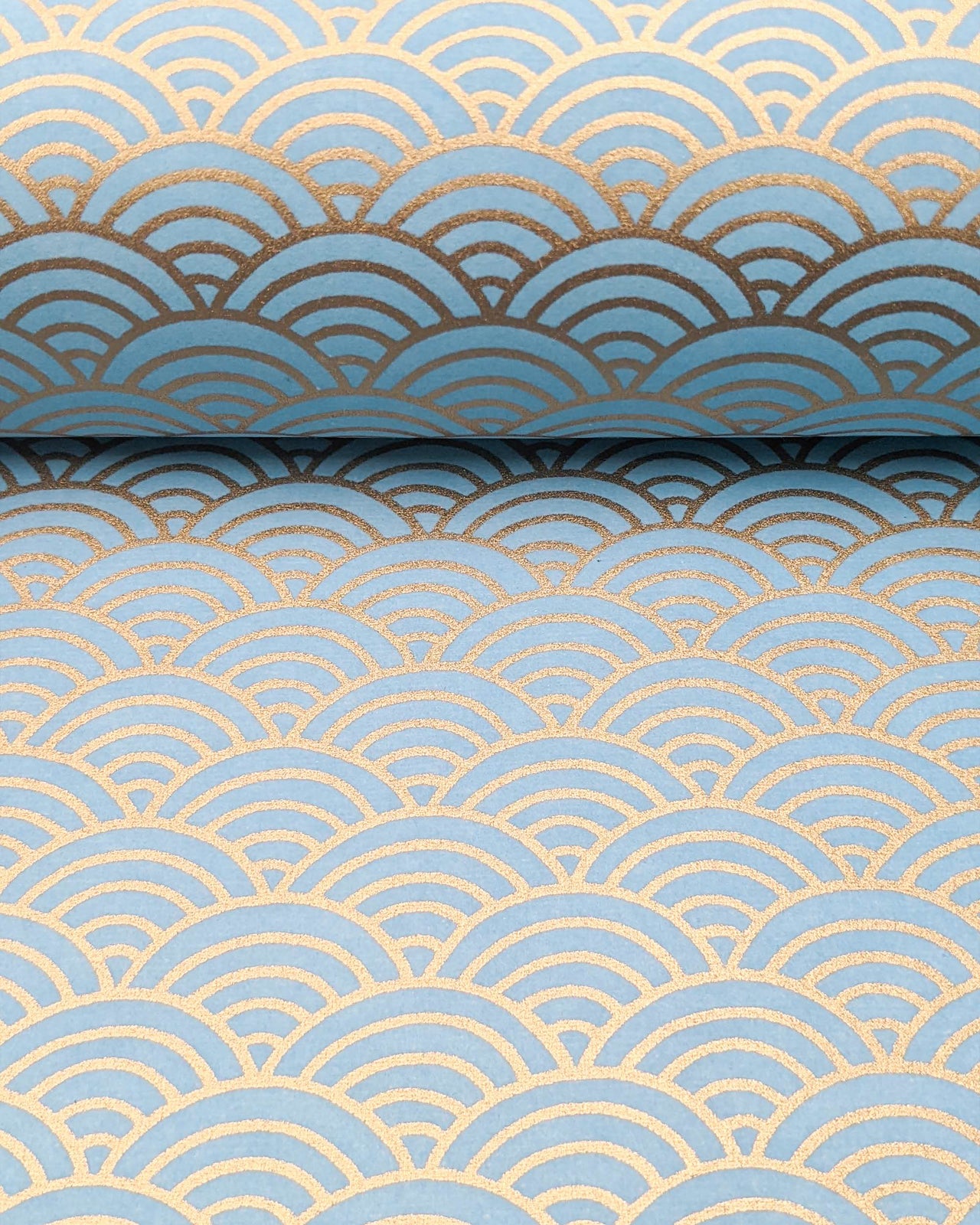 Japanese chiyogami paper large metallic gold and light blue geometric wave crests "seigaiha".