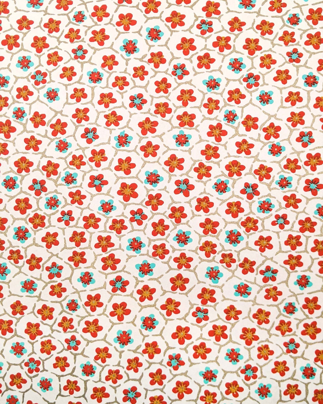 1032 Red & Turquoise Plum Blossoms on Cream