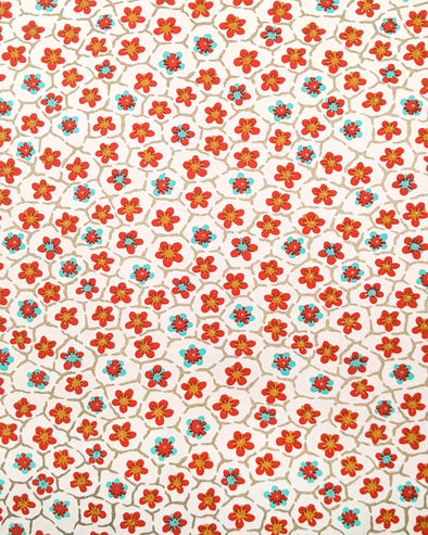 1032 Red & Turquoise Plum Blossoms on Cream