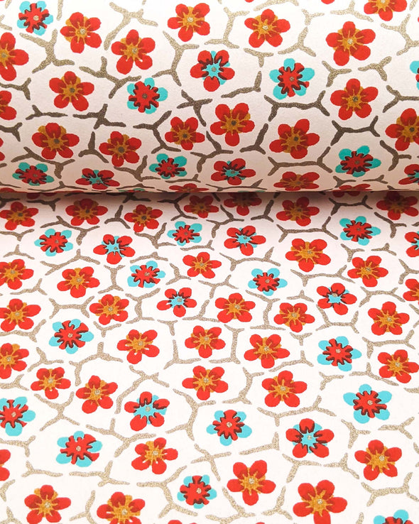 1032 Red & Turquoise Plum Blossoms on Cream