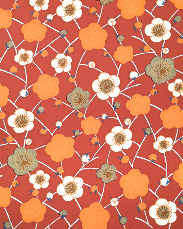 1034 Orange & Ivory Plum Blossoms on Red
