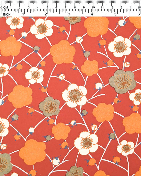 1034 Orange & Ivory Plum Blossoms on Red