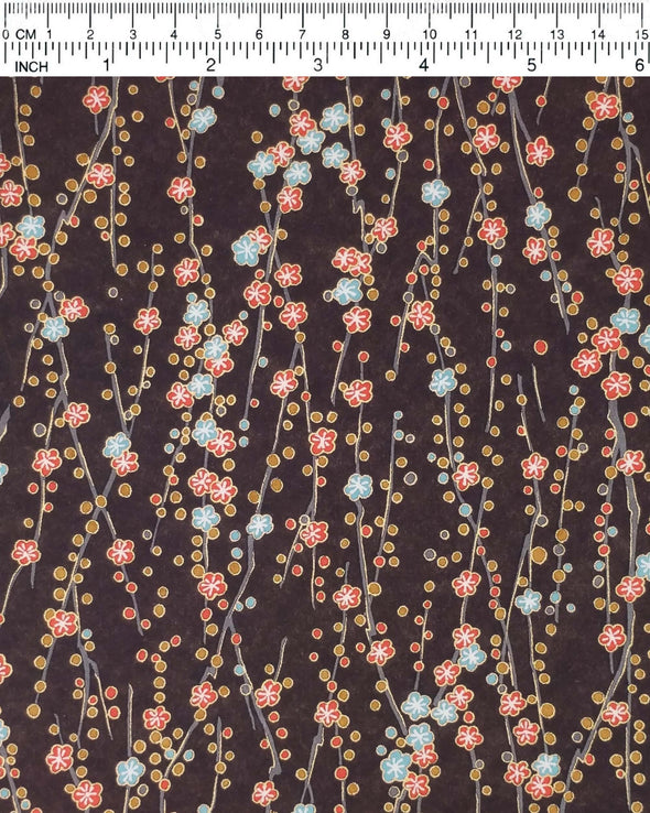 0674 Blue & Red Plum Blossoms on Dark Brown
