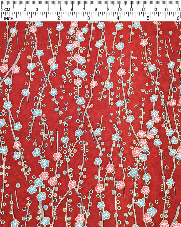0740 Pink & Blue Plum Blossoms on Red