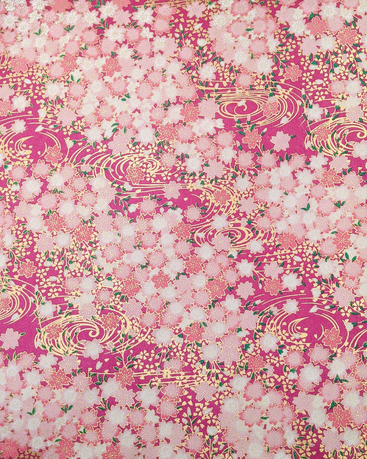 Japanese chiyogami paper featuring pink and white cherry blossoms on a pearlescent pink background with metallic gold accents.