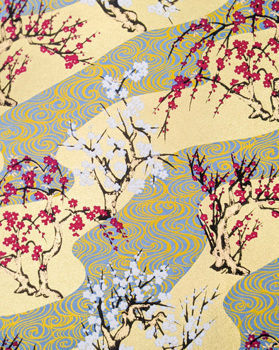 0859 Cherry & Plum Blossom Trees on Blue Gold