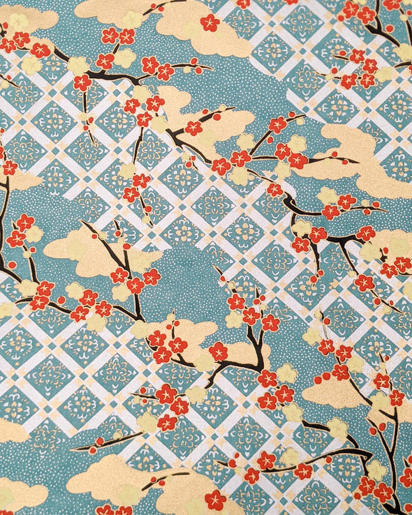 0881 Checkered Plum Blossom Branches on Blue