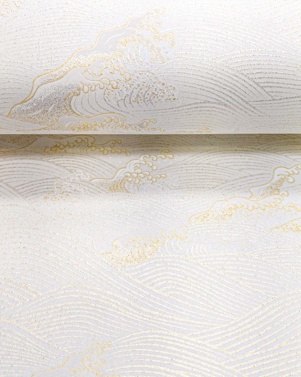 Japanese chiyogami paper featuring metallic silver & gold waves on a white background.