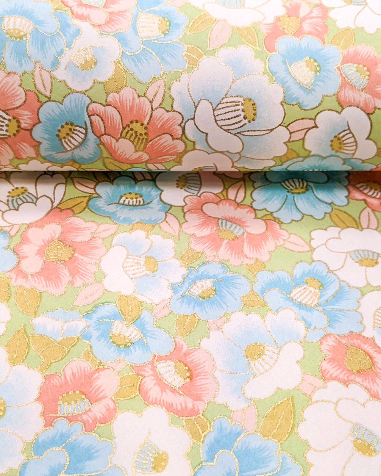 0968 Pink & Blue Camellias on Green