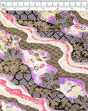 Japanese chiyogami paper featuring an assortment of purple, pink, and green flowers, flower cart motifs (hanaguruma), and traditional Japanese geometric designs with metallic gold details. The background is a mix of white, pink, purple, and black.