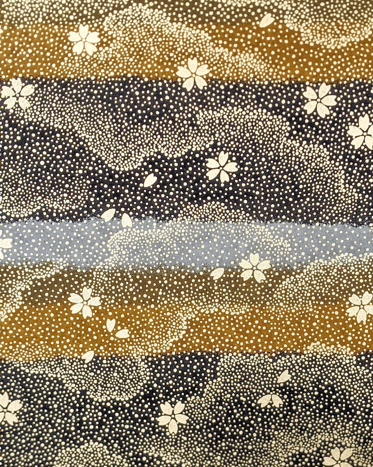 Japanese chiyogami paper featuring gold cherry blossoms on a black, gray, and brown striped background with metallic gold details.
