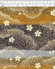 Japanese chiyogami paper featuring gold cherry blossoms on a black, gray, and brown striped background with metallic gold details.