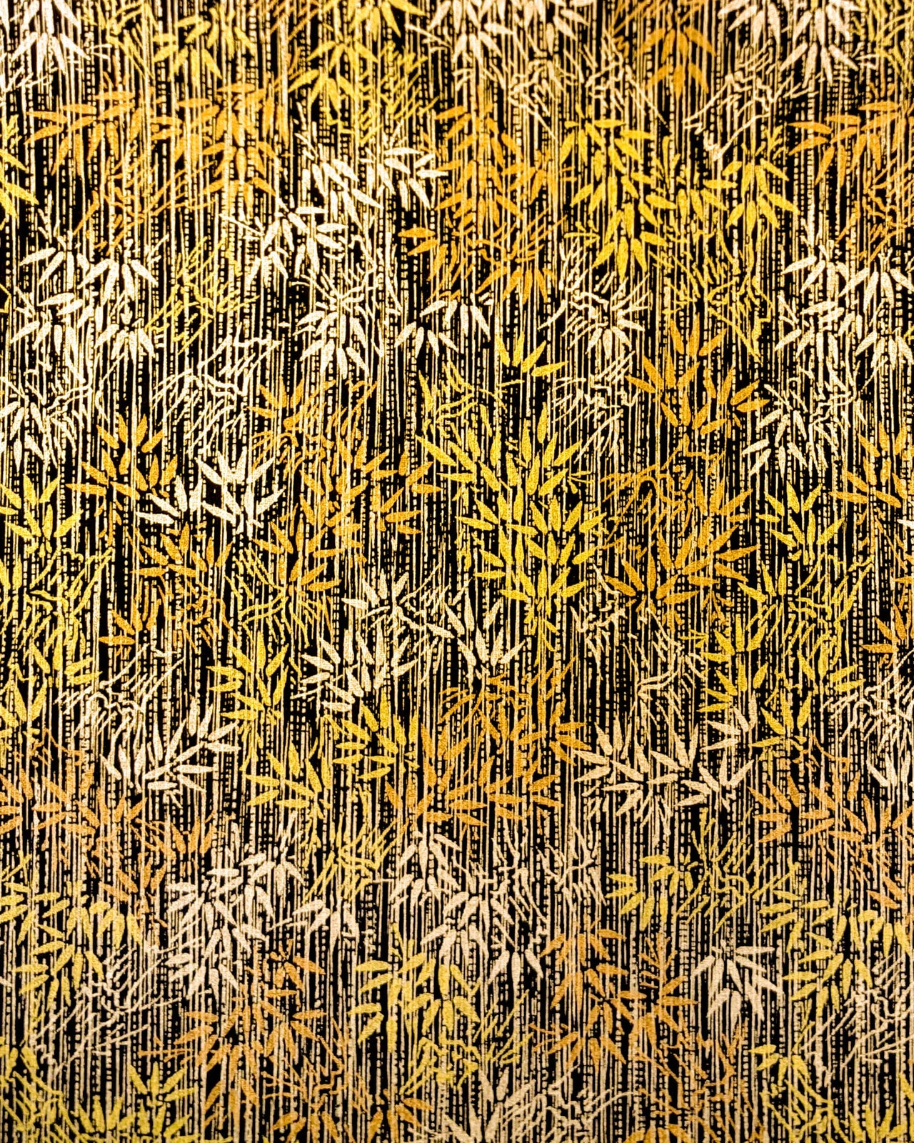 Japanese chiyogami paper featuring metallic gold and copper bamboo shoots on a black background.