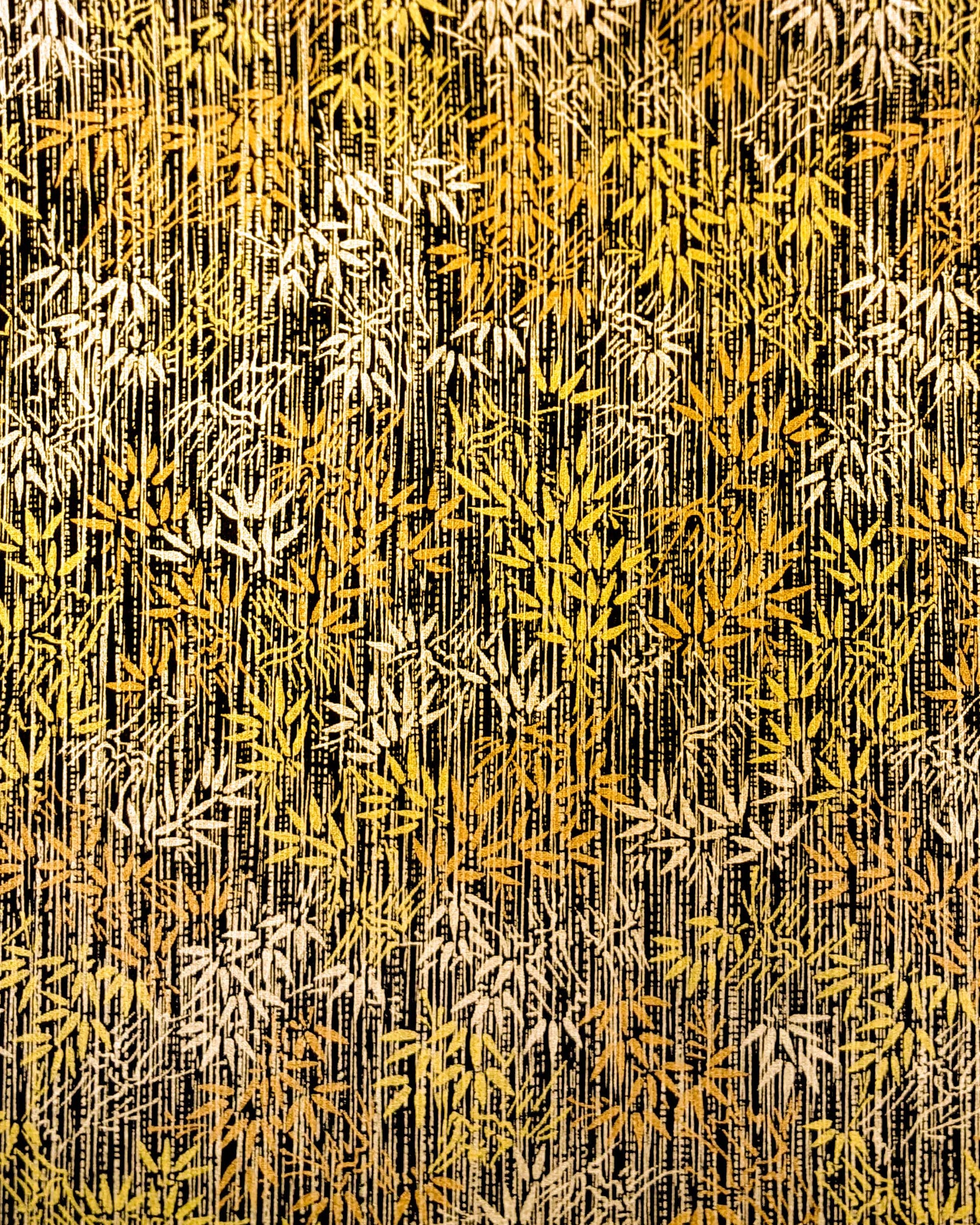 Japanese chiyogami paper featuring metallic gold and copper bamboo shoots on a black background.