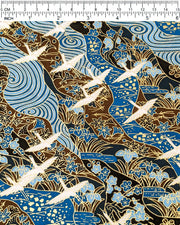 Japanese chiyogami paper featuring flying white cranes on a floral blue and brown background with metallic gold details