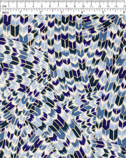 Japanese chiyogami paper featuring blue and white interlocking yagasuri (arrow) swirls with metallic gold details.