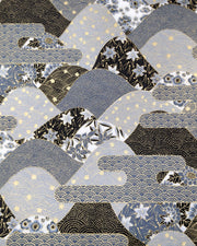 Japanese chiyogami paper featuring a black and gray hill design decorated with various Japanese flowers, maple leaves, and traditional geometric designs with metallic gold accents.