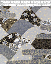 Japanese chiyogami paper featuring a black and gray hill design decorated with various Japanese flowers, maple leaves, and traditional geometric designs with metallic gold accents.