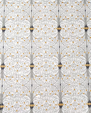 Japanese chiyogami paper featuring a gray wrought iron design on a light gray background with metallic gold details.