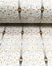 Japanese chiyogami paper featuring a gray wrought iron design on a light gray background with metallic gold details.