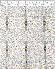 Japanese chiyogami paper featuring a gray wrought iron design on a light gray background with metallic gold details.