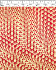 Japanese chiyogami paper featuring a traditional red and metallic gold seigaiha (wave crests) pattern.