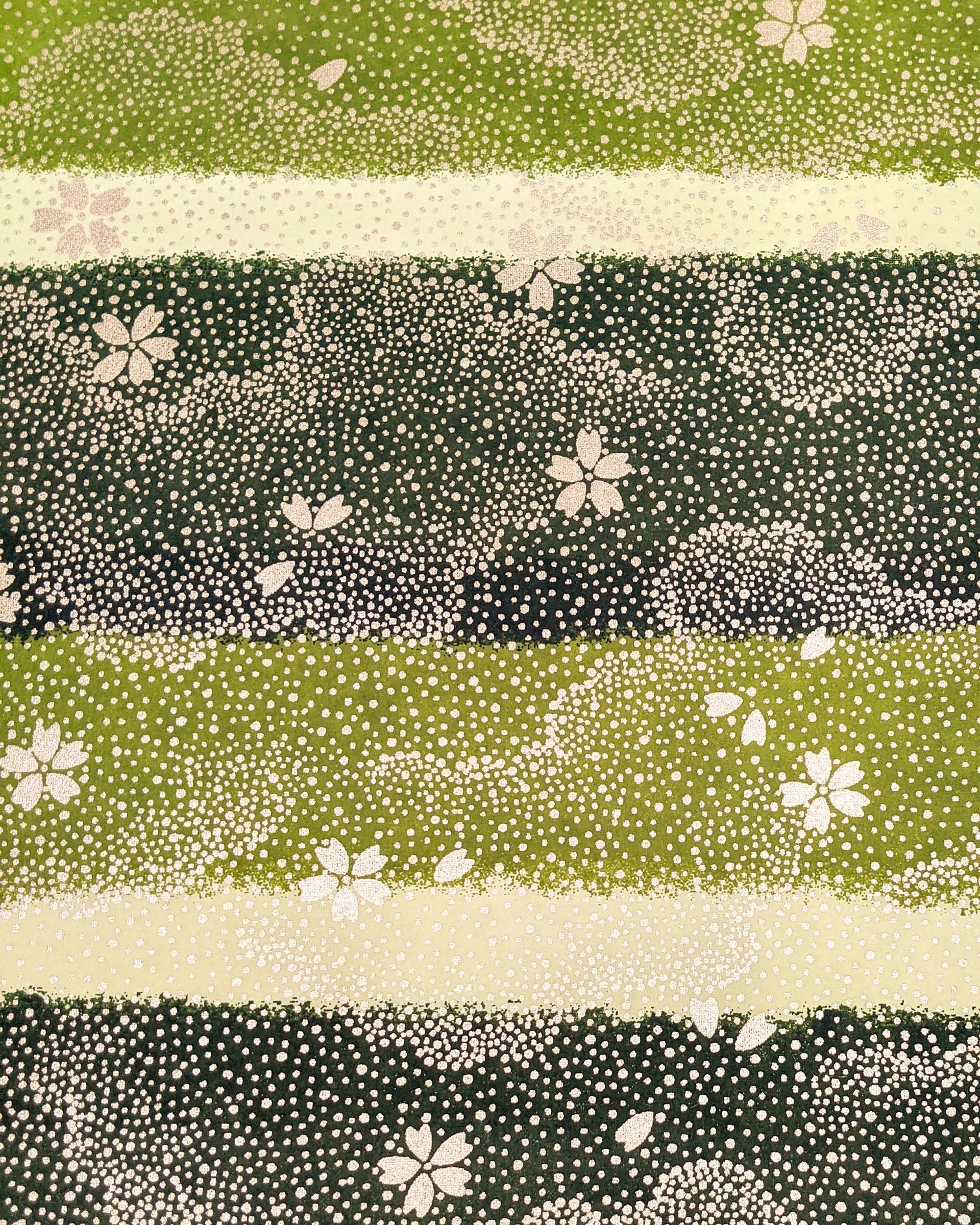 Japanese chiyogami paper featuring gold cherry blossoms on a multi-toned green striped background with metallic gold details.