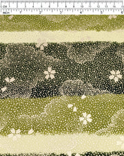 Japanese chiyogami paper featuring gold cherry blossoms on a multi-toned green striped background with metallic gold details.
