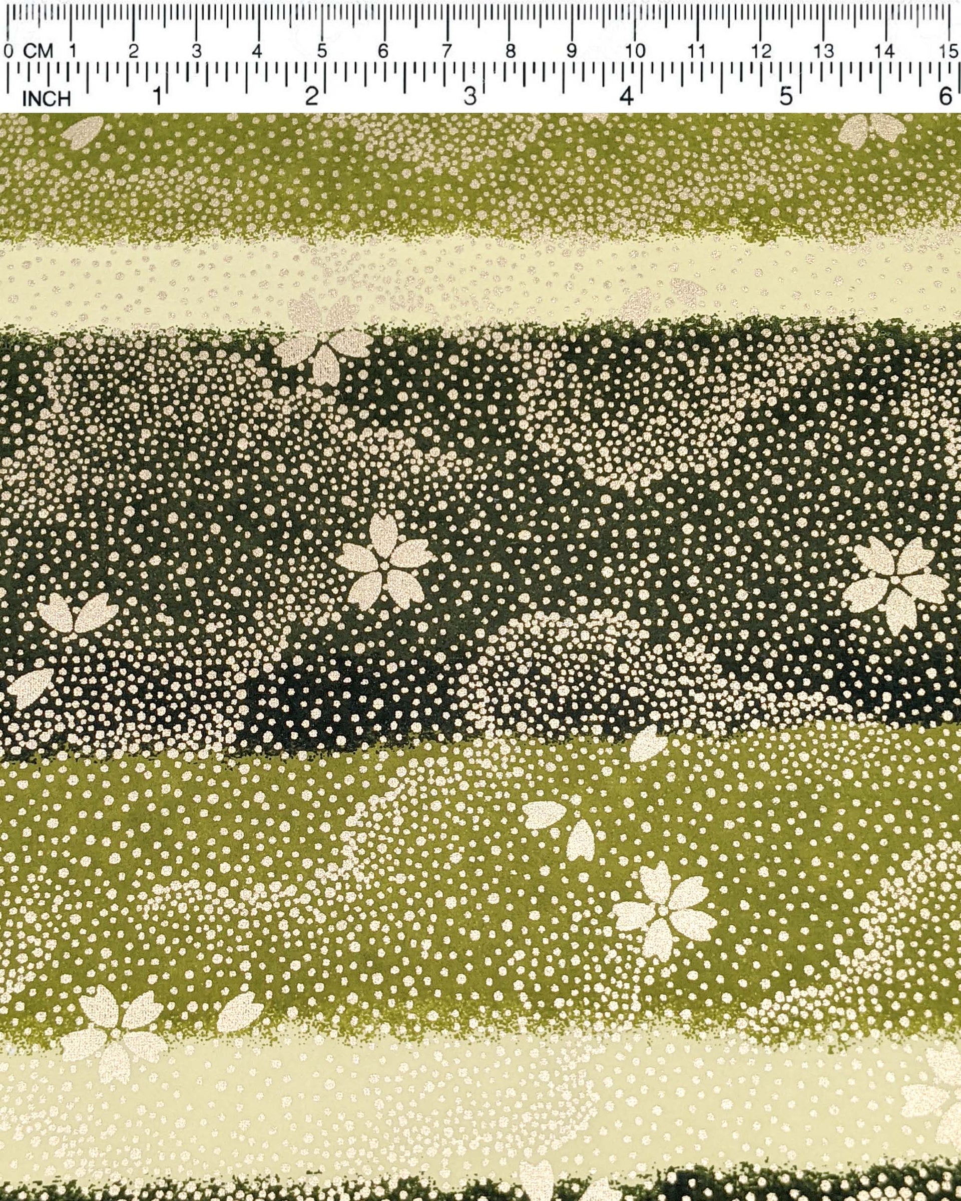 Japanese chiyogami paper featuring gold cherry blossoms on a multi-toned green striped background with metallic gold details.