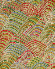 Japanese chiyogami paper featuring striped rolling hills in a mix of green, red, brown,and gray with metallic gold details.