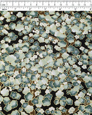 Japanese chiyogami paper featuring green plum blossom trees with brown branches on a black background with metallic gold details.
