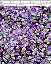Japanese chiyogami paper featuring purple and white plum blossom trees with green branches on a black background with metallic gold details, shown next to a ruler for size reference.