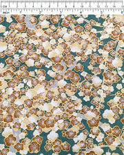 Japanese chiyogami paper featuring brown and white plum blossom trees with gray branches on a green background with metallic gold details.