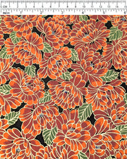 Japanese chiyogami paper featuring large red chrysanthemums with green leaves on a black background with metallic gold details.